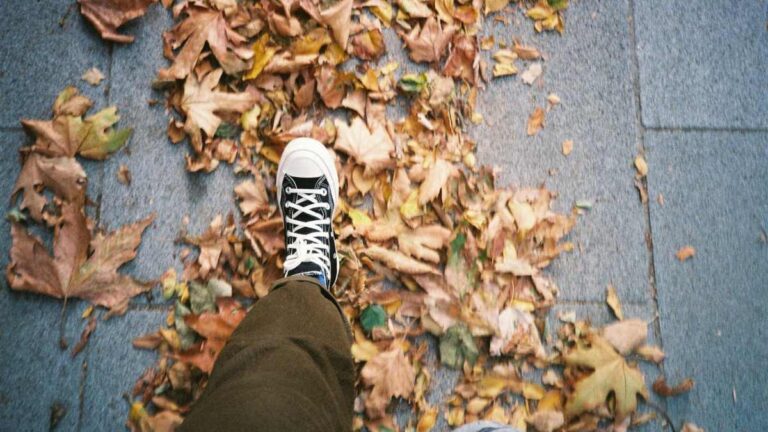 A person walks along a pavement covered in fallen autumn leaves