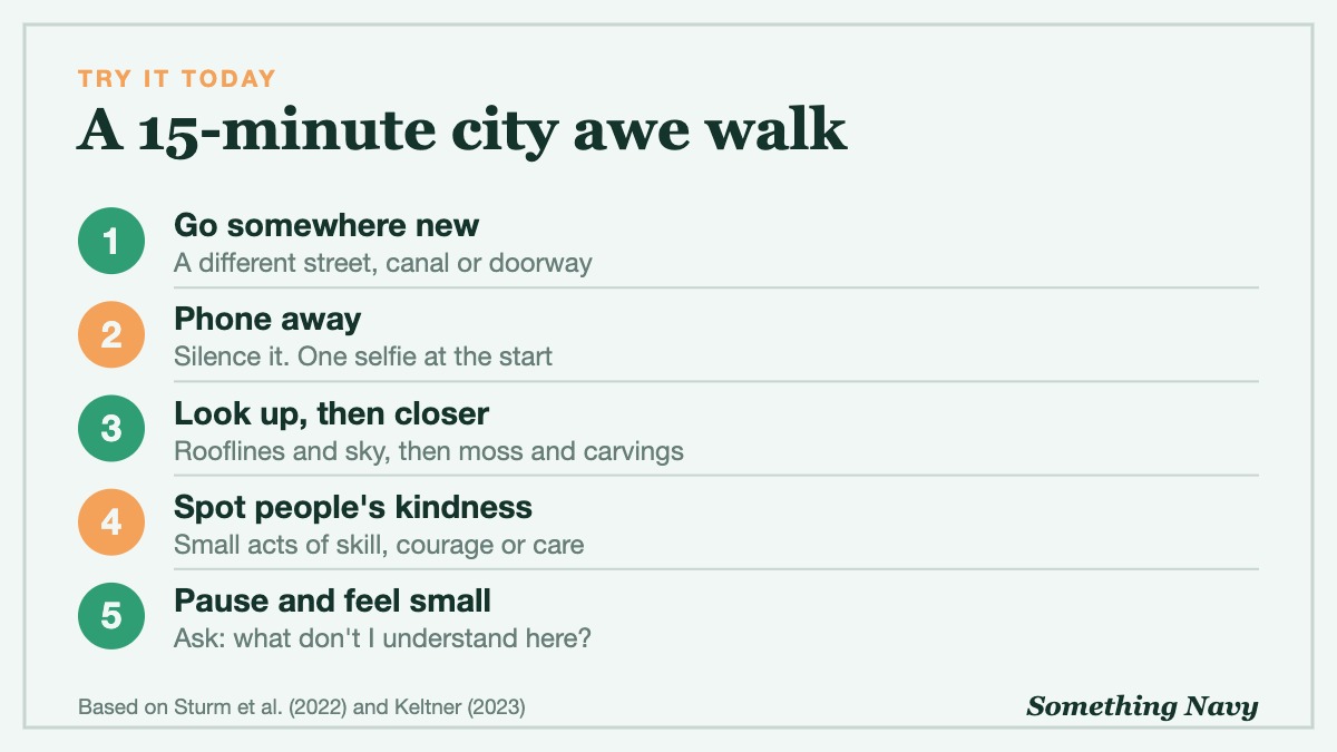 Five steps for a city awe walk: go somewhere new, put the phone away, look up then closer, notice kindness, pause and feel small.