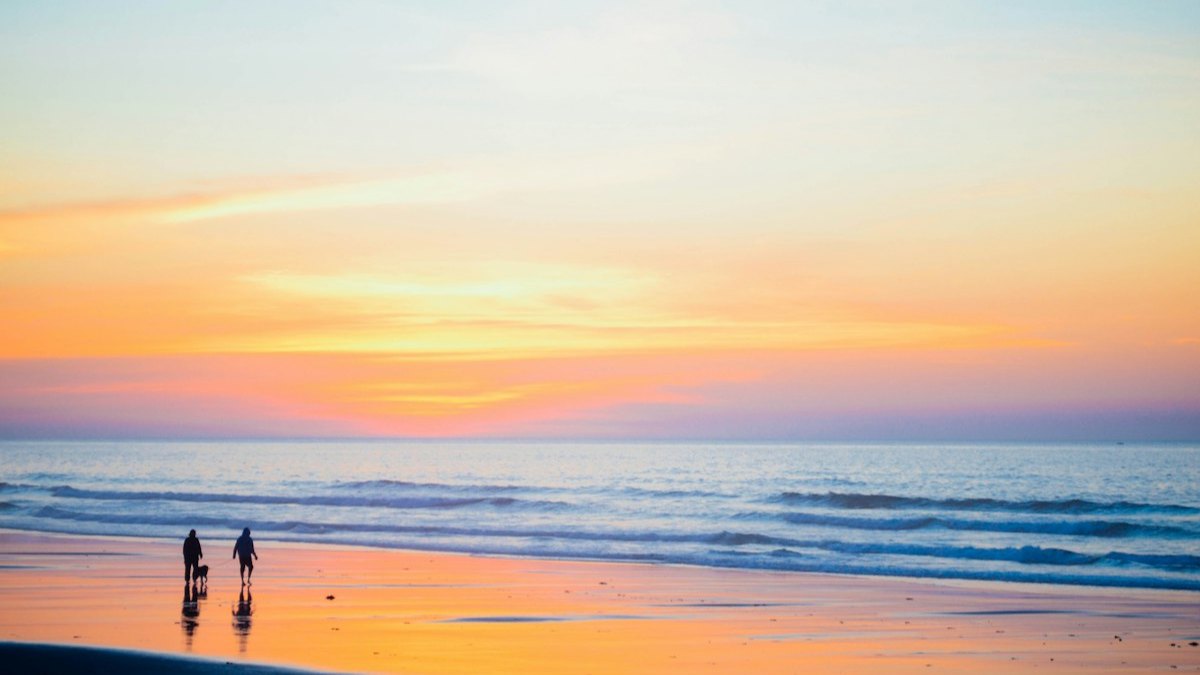 Two people walking along the shore at sunset