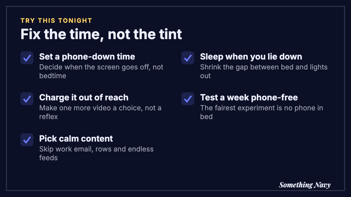 Checklist: set a phone-down time, charge it out of reach, pick calm content, sleep when you lie down, try a week phone-free.