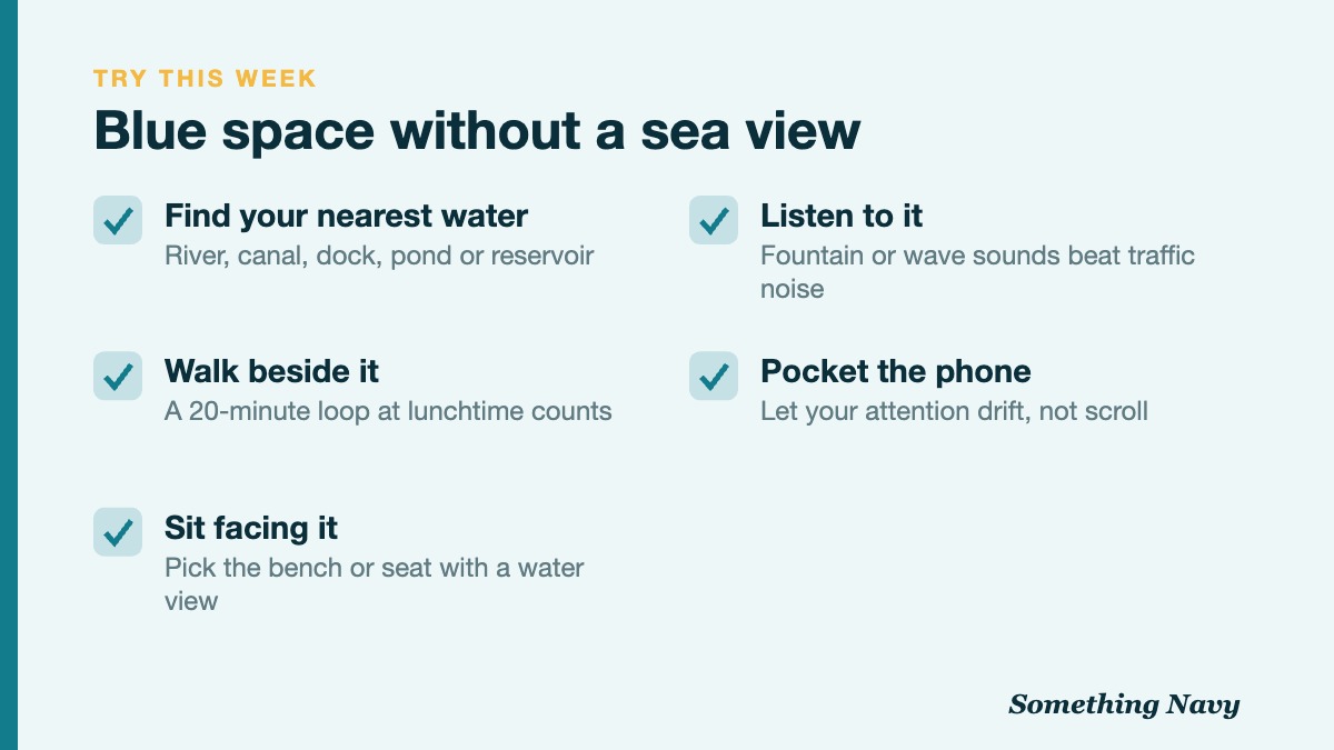 Checklist of five ways to get blue space in a city: find water, walk beside it, sit facing it, listen to it, put the phone away.