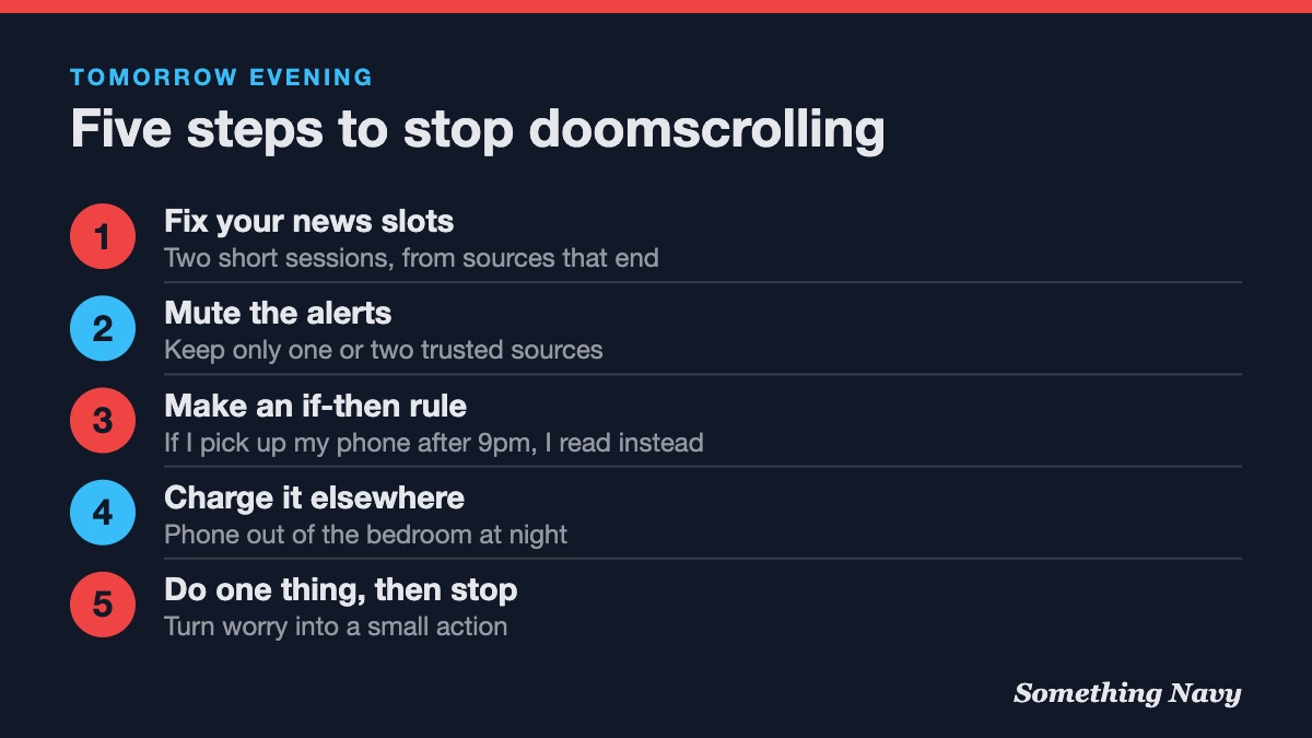 Five steps: set news slots, mute alerts, make an if-then rule, charge the phone outside the bedroom, and take one action then stop.