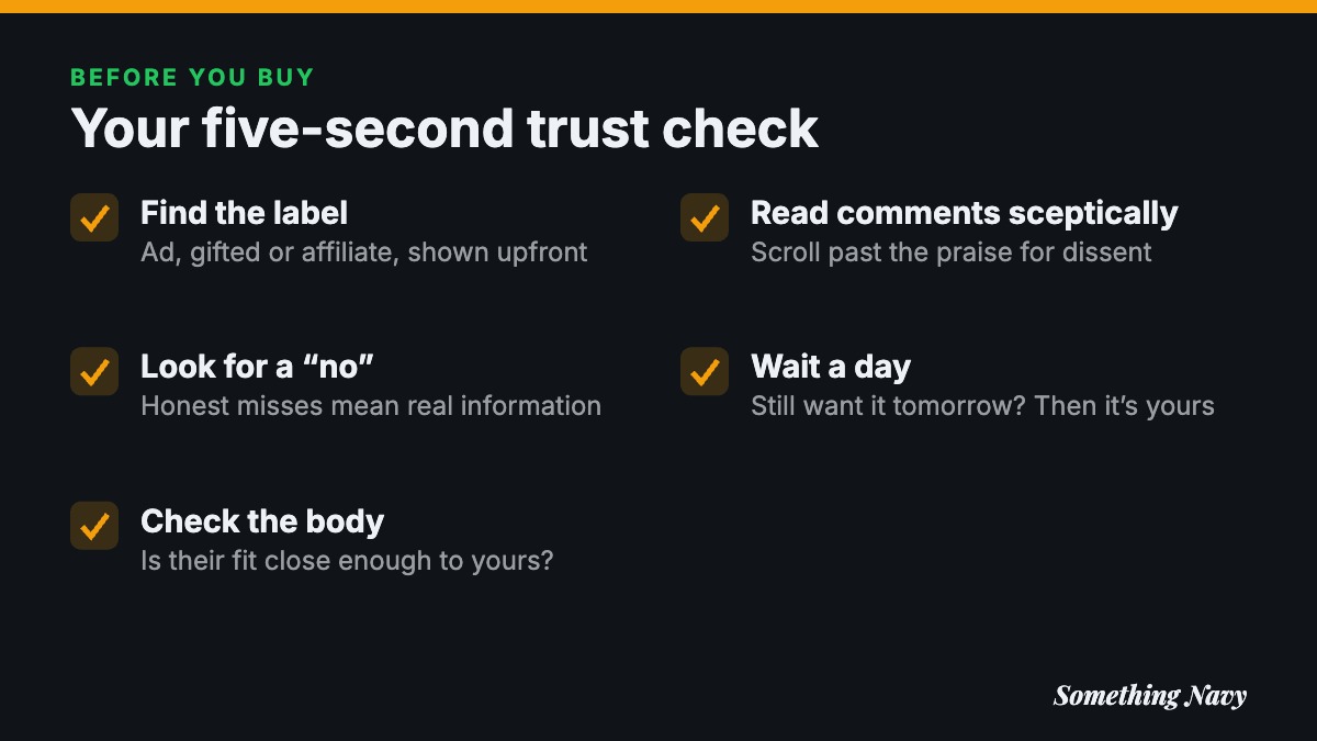 Checklist of five quick checks: find the ad label, look for honest negatives, compare body fit, read comments, wait a day.