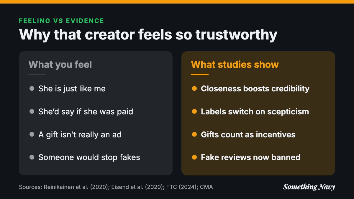 Two columns comparing common feelings about fashion influencers with what research and regulators actually say.