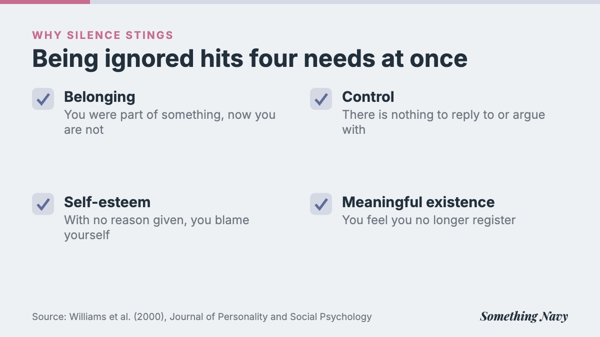 Checklist of four needs threatened by being ignored: belonging, self-esteem, control and meaningful existence.