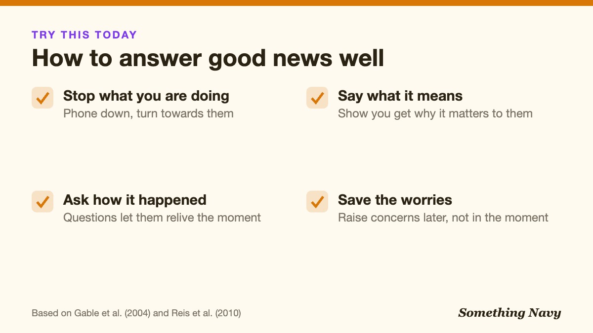 Checklist of four habits: stop what you are doing, ask how it happened, say what it means to them, save the worries for later.
