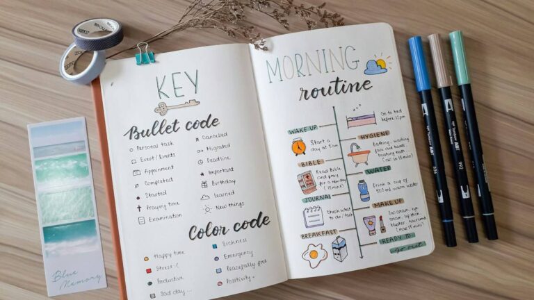 Open bullet journal with a morning routine habit tracker and coloured pens