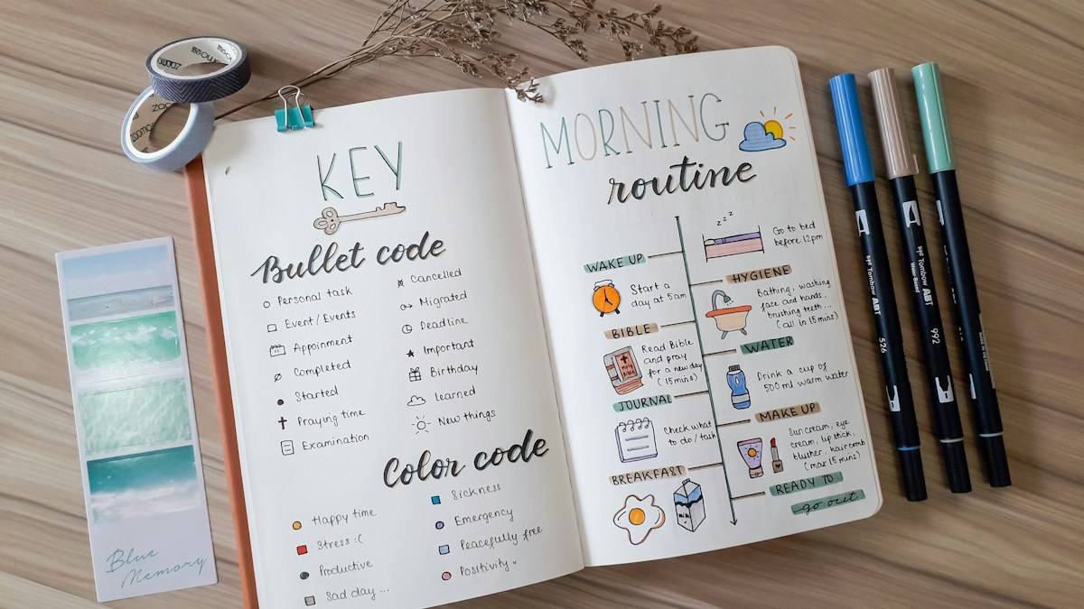 Open bullet journal with a morning routine habit tracker and coloured pens