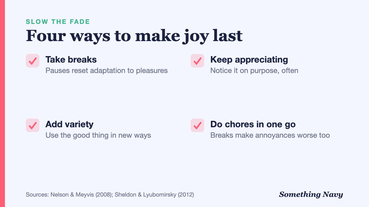 Checklist: take breaks, add variety, keep appreciating, and do chores in one go to slow hedonic adaptation.