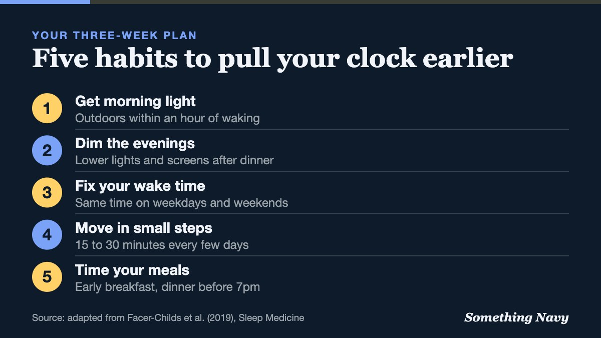 Five steps: get morning light, dim evenings, fix your wake time, shift in small steps and keep regular meal times.