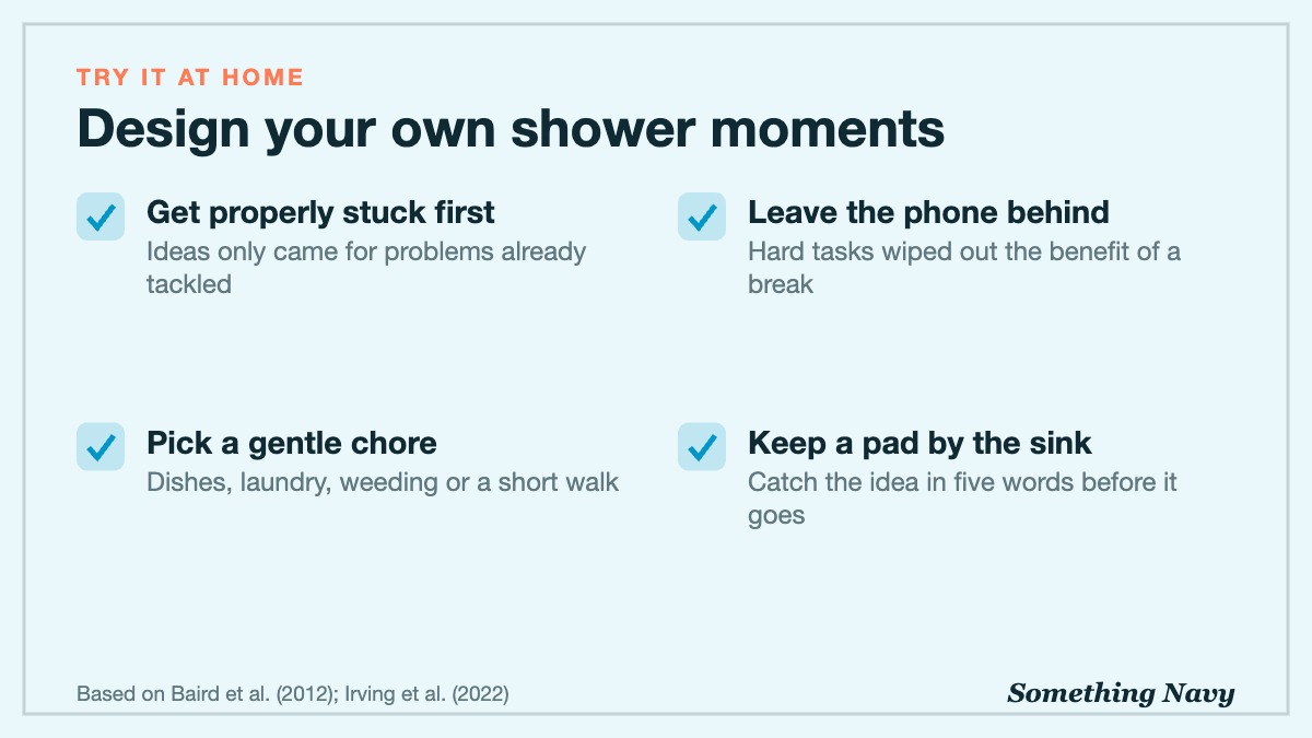 Checklist: get stuck on a problem first, choose a gentle chore, leave your phone in another room, keep a notepad by the sink.