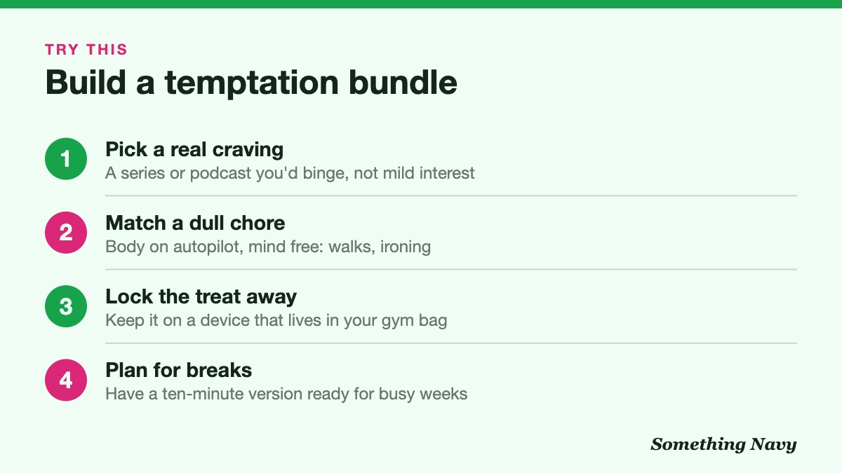Four steps: choose a treat you crave, pair it with a dull chore, restrict the treat to that chore, and plan for breaks.