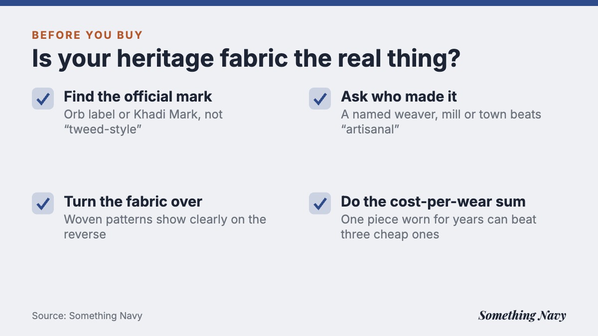 Checklist of four checks for genuine traditional fabric: official mark, woven reverse, named maker, cost per wear.